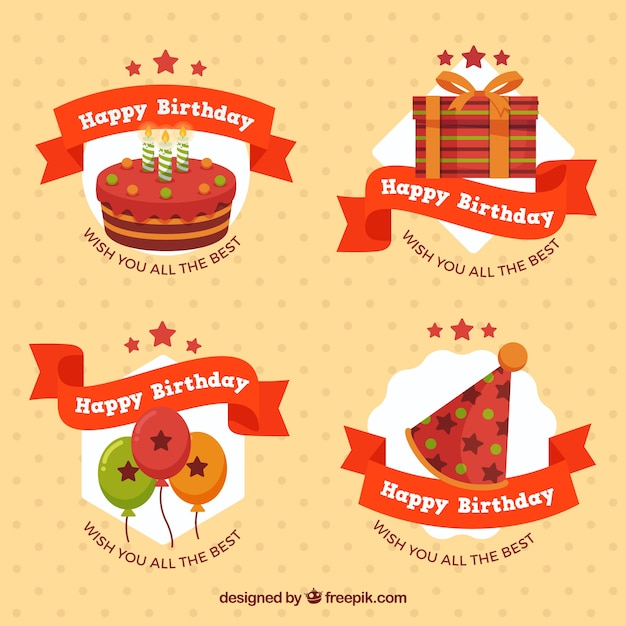 Download Birthday labels with red ribbon Vector | Free Download