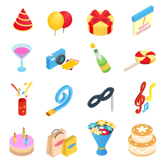 Download Birthday party isometric 3d icons set Vector | Premium ...
