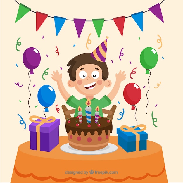 Birthday party with happy boy celebrating Vector | Free Download