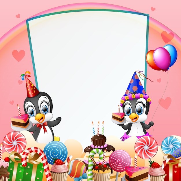 Download Premium Vector | Birthday penguin with candies and pink background