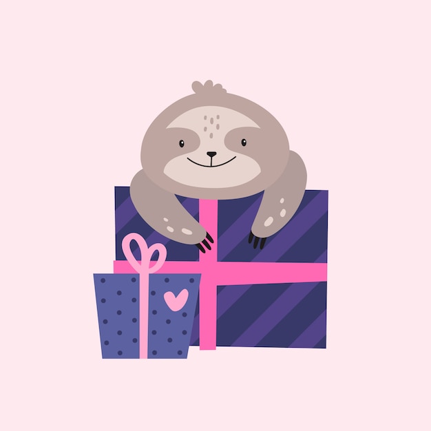 Download Birthday sloth with gift box | Premium Vector