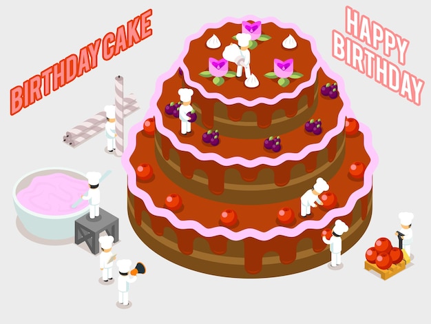 誕生日の甘いケーキのデコレーション ケーキのイラストを飾る等尺性の人々 無料のベクター