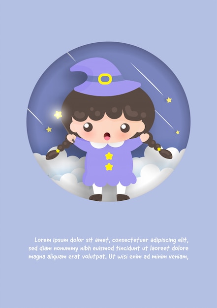 Download Birthday template card with cute witch standing on the clouds. | Premium Vector