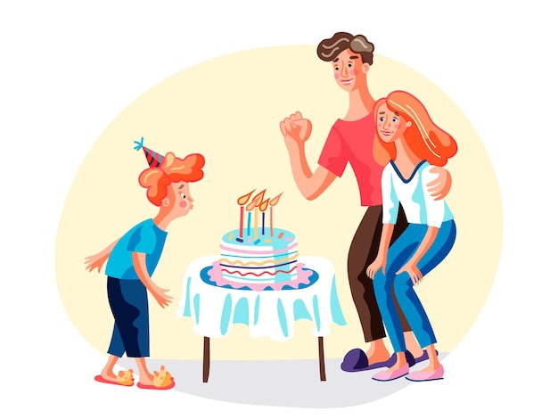 誕生日の両親のイラスト 笑顔の母 父と幼い息子の漫画のキャラクター ケーキにろうそくを吹いてお祝い帽子の子供 願い事をしている子供 B Dayを祝う家族 プレミアムベクター