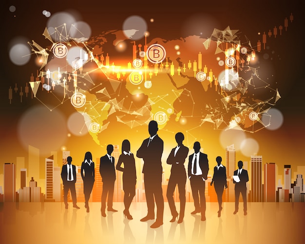 Bitcoin concept silhouette group of business people over world map crupto currency digital web money Premium Vector