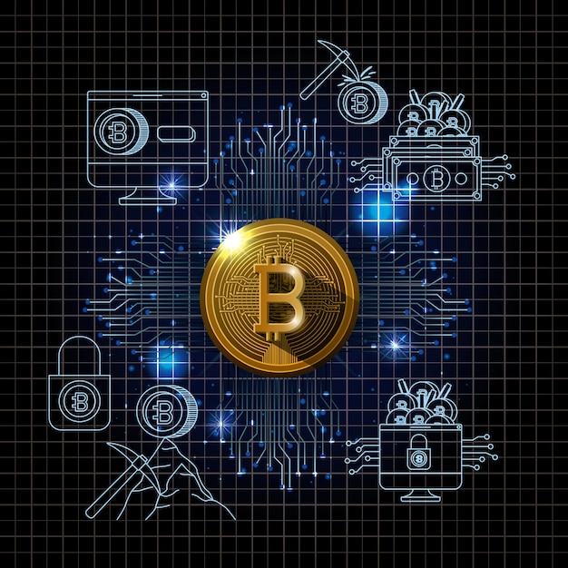 Bitcoin mining set icons vector illustration design ...