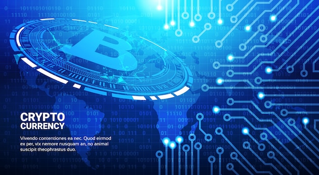 Bitcoin symbol on blue world map background crypto currency mining network concept Premium Vector