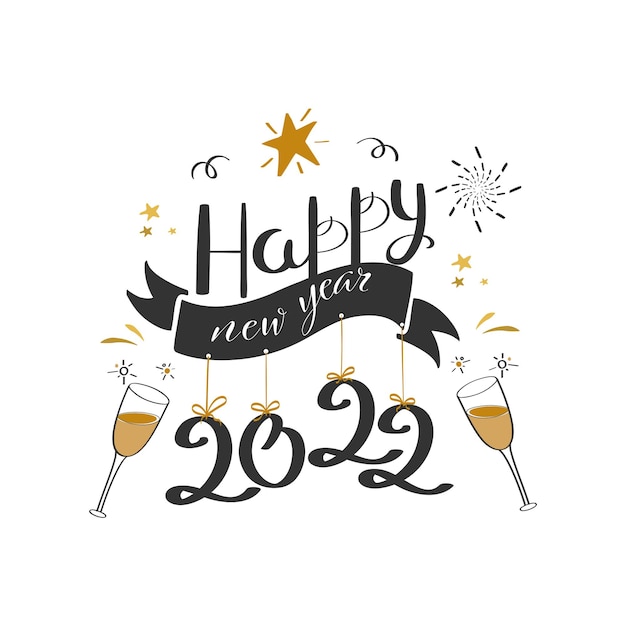 Premium Vector | Black 2022 happy new year font with champagne glasses ...