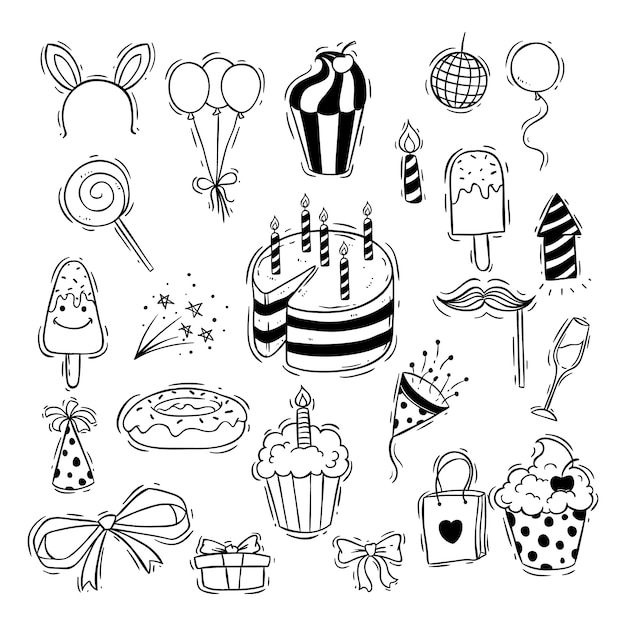 カップケーキと黒と白の誕生日パーティーのアイコン プレミアムベクター