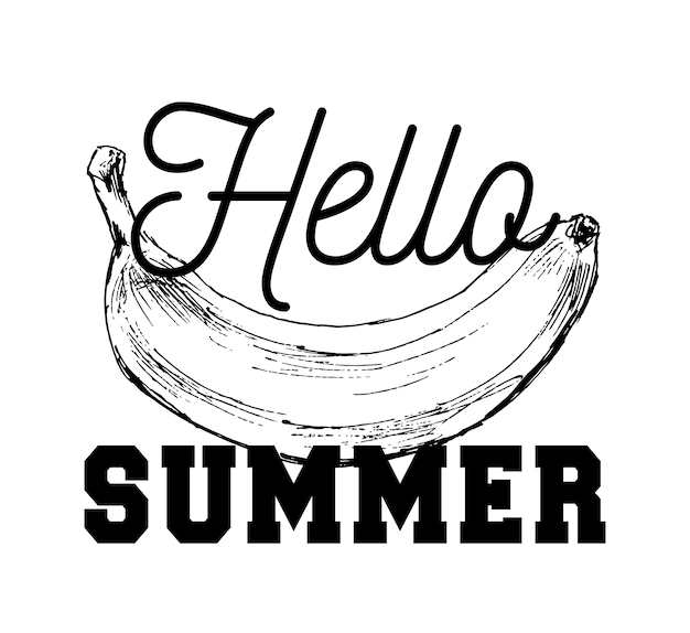 ぬりえ帳スローガンこんにちは夏のバナナフルーツ食品オブジェクトの白黒漫画イラスト プレミアムベクター