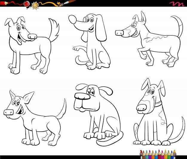 面白い犬や子犬の漫画の動物キャラクターの黒と白の漫画イラストセットぬりえブックページ プレミアムベクター