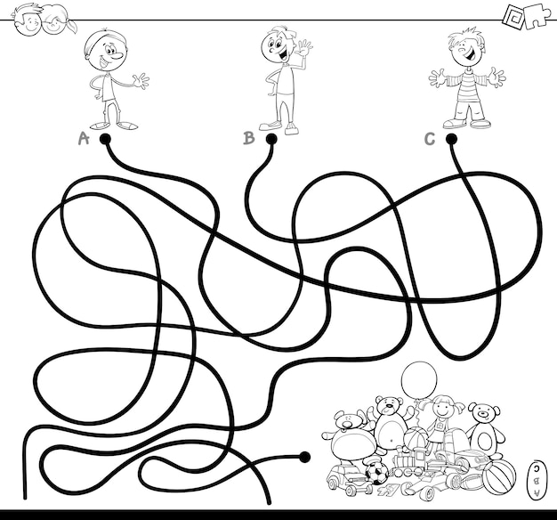 キッズとおもちゃを持つパスや迷路のパズルゲームの白黒漫画のイラスト プレミアムベクター