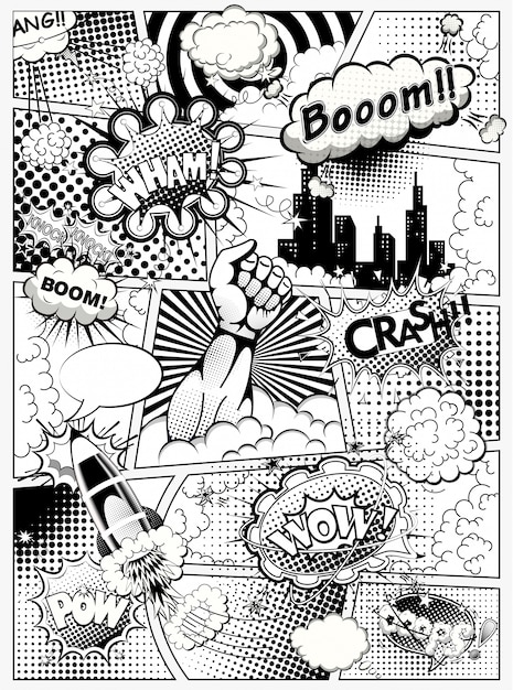 黒と白の漫画本のページは 吹き出し ロケット スーパーヒーローの手と効果音のある行で分割されています 図 プレミアムベクター