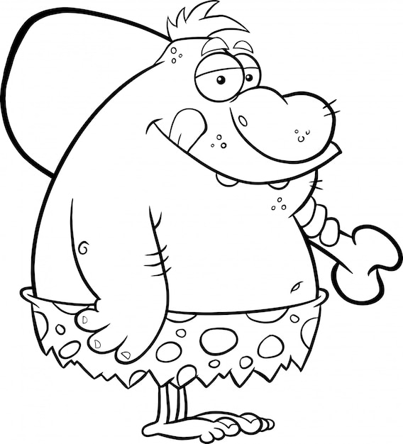 大きな鶏の脚を持つ黒と白の脂肪穴居人の漫画のキャラクター 白で隔離される図 プレミアムベクター