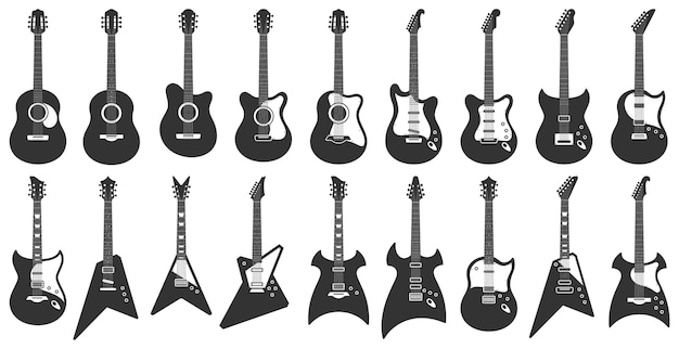 黒と白のギター アコースティック弦楽器 エレキロックギターのシルエット ステンシルギター プレミアムベクター