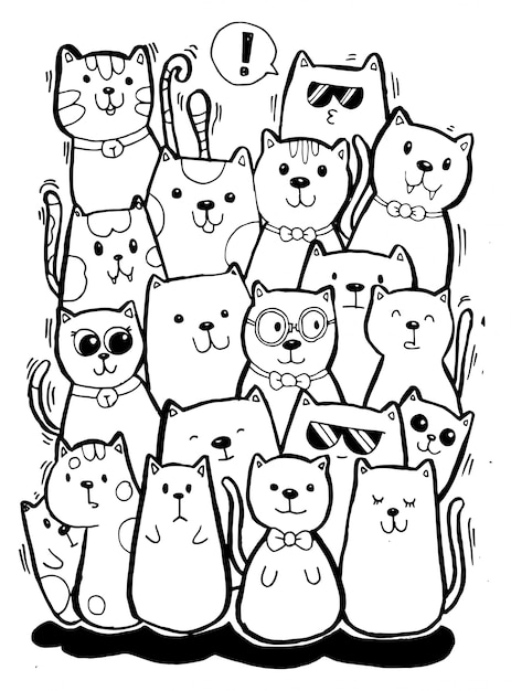 黒と白の手描き 猫キャラクターセットスタイルの落書きイラスト子供のための着色 プレミアムベクター