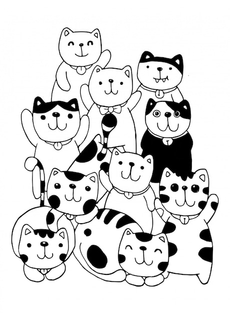 黒と白の手描き猫キャラクターセットスタイル落書きイラスト子供のための着色 プレミアムベクター