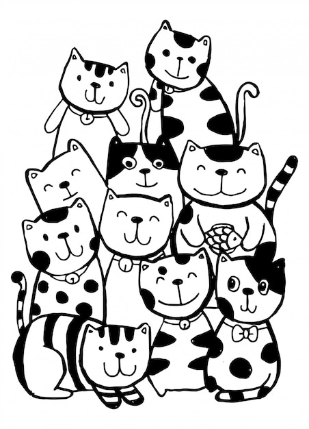 黒と白の手描き 猫のキャラクタースタイルは子供のためのイラストのいたずら書きをいたずら書き プレミアムベクター