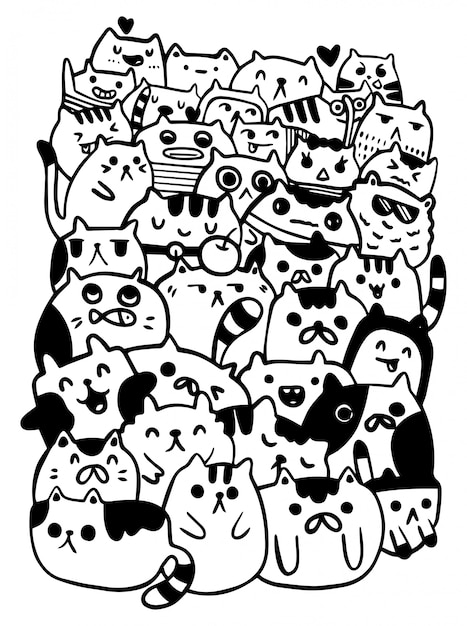 黒と白の手描画ベクトル 猫のキャラクタースタイルは 子供のためのイラストのいたずら書きを落書き プレミアムベクター