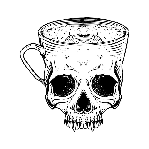 黒と白の手描きイラストコーヒーカップスカル プレミアムベクター