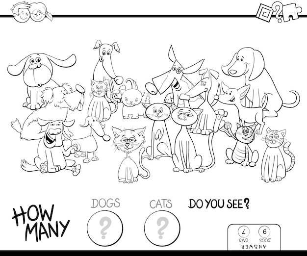 猫と犬の子供のためのゲームをカウントする白黒のイラスト プレミアムベクター