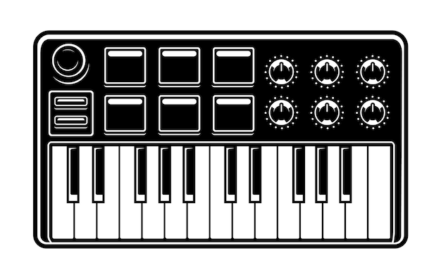 白い背景で隔離のシンセサイザーの黒と白のイラスト プレミアムベクター