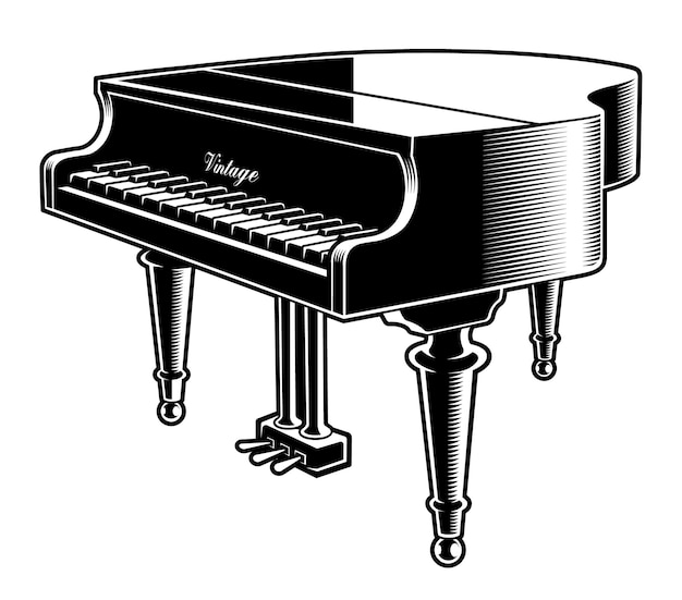 白い背景の上のピアノの黒と白のイラスト プレミアムベクター