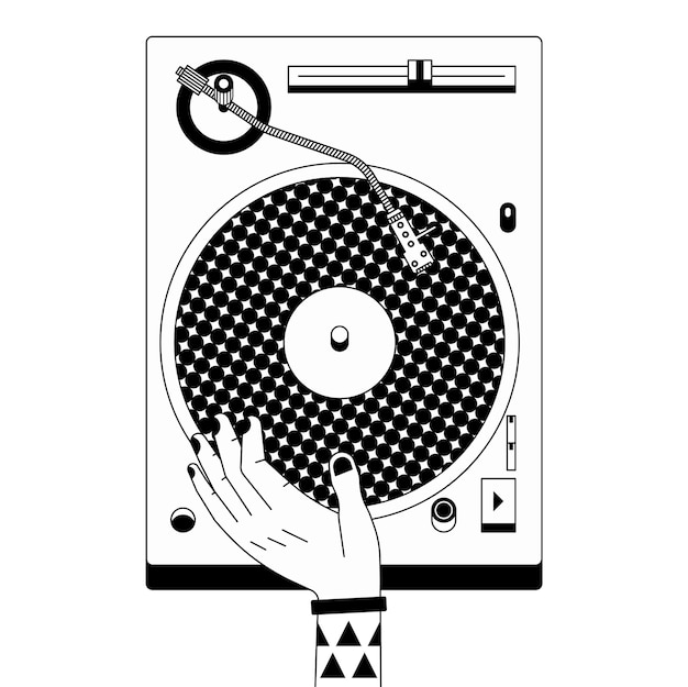 Djミキサーの黒と白のアウトラインイラスト 音楽の録音とスケッチの手 プレミアムベクター