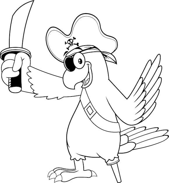 黒と白のオウム海賊鳥漫画のキャラクターと剣 図 プレミアムベクター