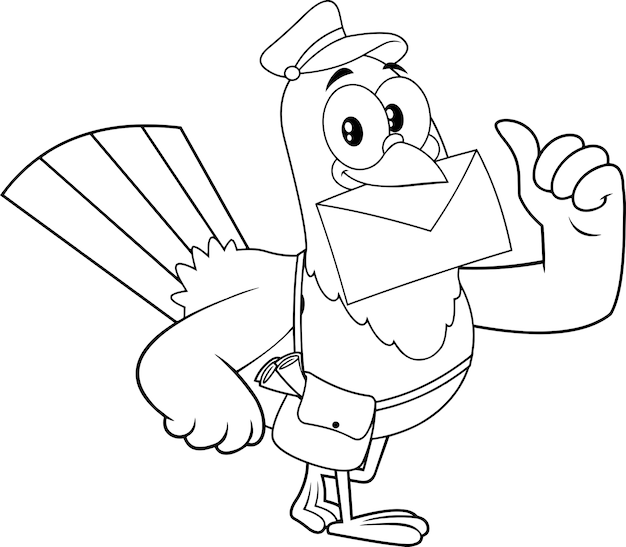黒と白の鳩の鳥の漫画のキャラクターは 手紙を配信し 親指をあきらめます 白い背景で隔離の図 プレミアムベクター