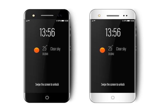 白黒の現実的なスマートフォンがロック画面に時間と天気を表示し 画面をスワイプしてロックを解除します プレミアムベクター