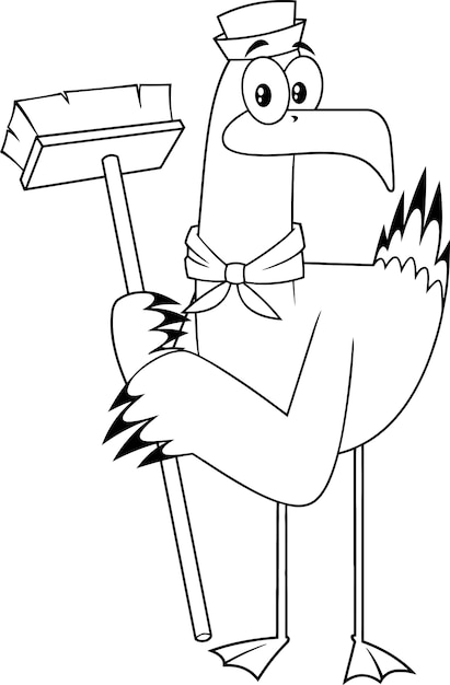 黒と白のカモメの鳥セーラー漫画のキャラクター クリーニングブラシ 白い背景で隔離の図 プレミアムベクター