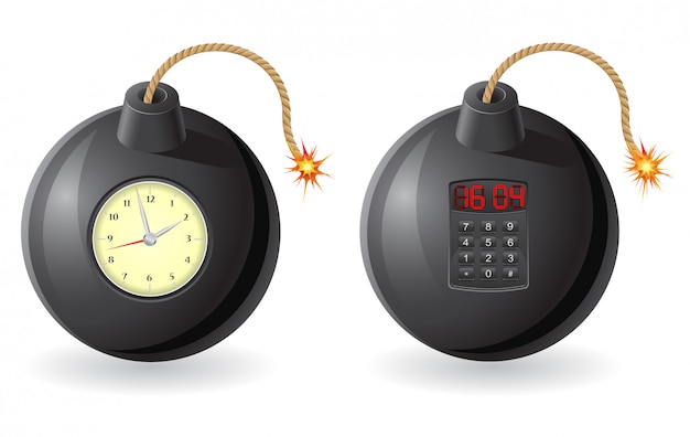 Black bomb with a burning fuse and clockwork Premium Vector