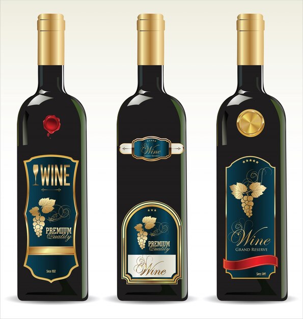 Premium Vector | Black bottles for wine with gold and brown labels