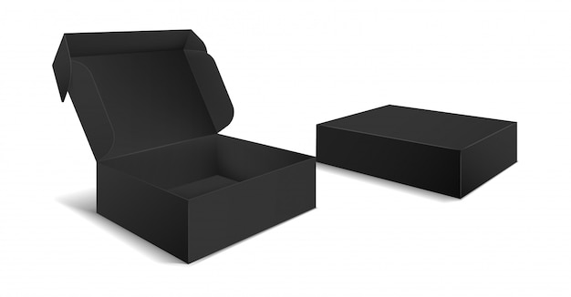 ブラックボックス包装 サイドビューのオープンとクローズのギフトの空白のボックス 空の段ボール黒製品パッケージ3 Dテンプレート プレミアムベクター