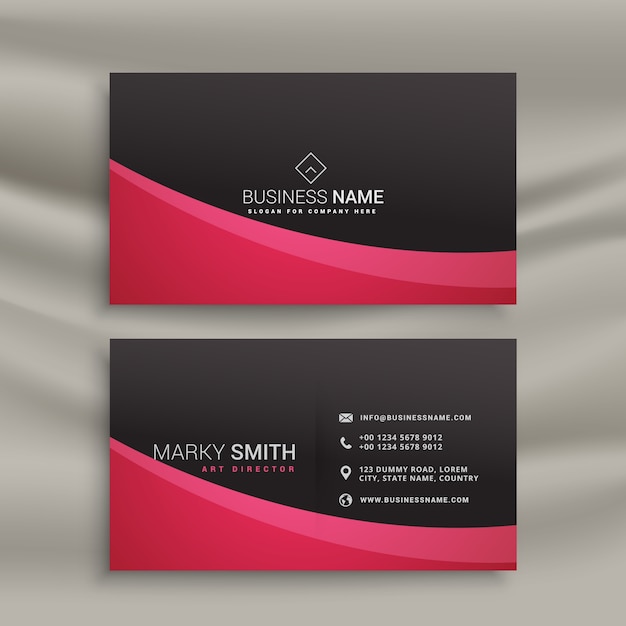 Black business card with red wavy shapes