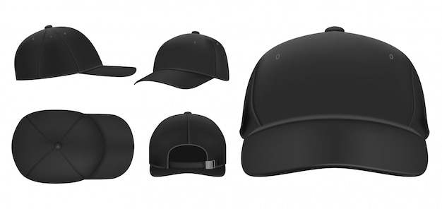 ブラックキャップ スポーツ野球帽テンプレート バイザー付き夏帽子 ユニフォーム帽子さまざまなビューのリアルな3dセット 頭飾りイラストパック キャップ前面 上面 側面 背面図 プレミアムベクター