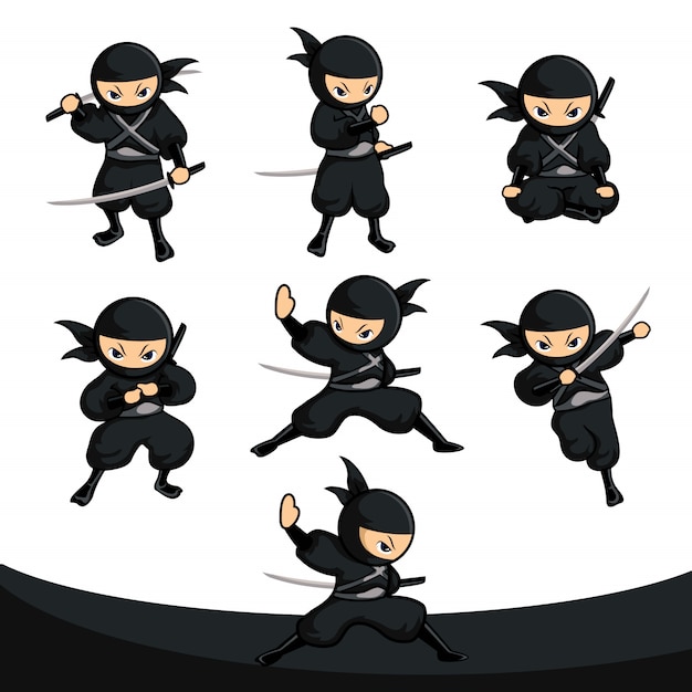 Black cartoon ninja samurai action pack Premium Vector
