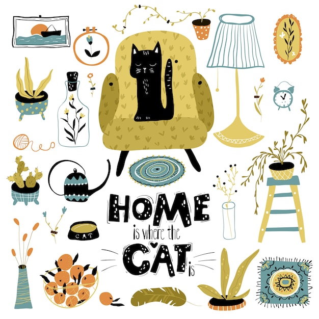 Premium Vector Black Cat In The Apartment Colorful Modern Illustration In Simple Hand Drawn Style Lettering Home Is Where Your Cat Is