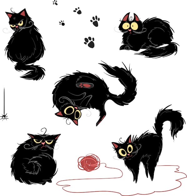 Premium Vector Black Cat In Different Poses And Different Emotions On