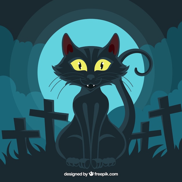 Black cat halloween background in the\
cemetery