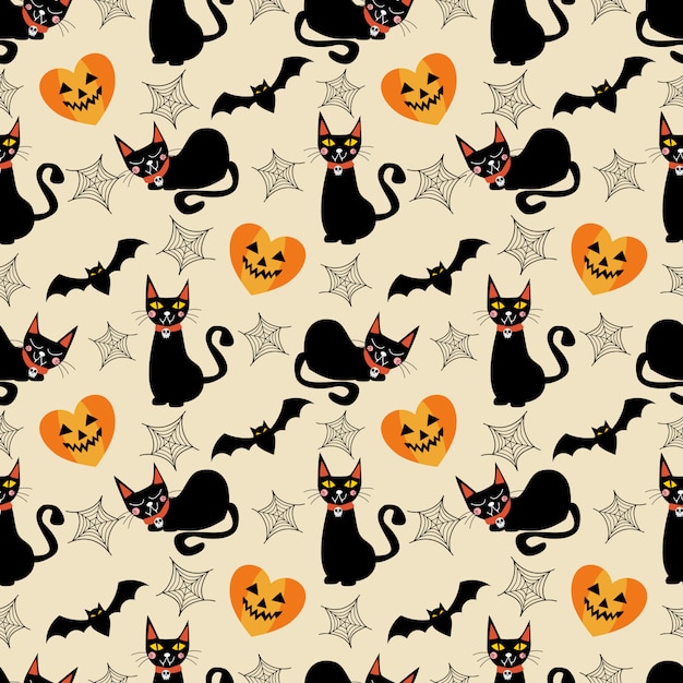 Premium Vector | Black cat and halloween symbols seamless pattern.