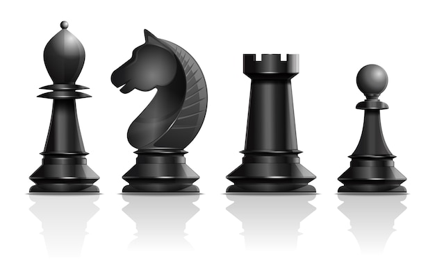 黒のチェスの駒ビショップ ナイト ルーク ポーン チェスの駒のセットです チェスのコンセプトデザイン 白い背景に分離された現実的なイラスト プレミアムベクター