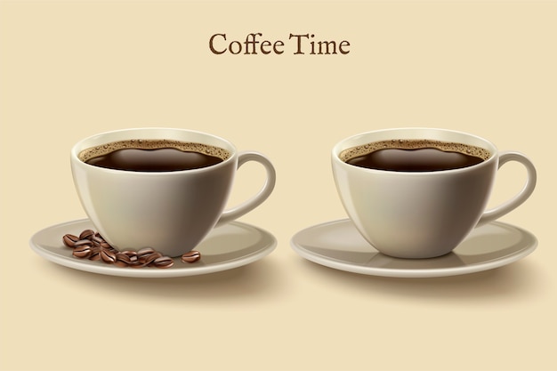 カップのブラックコーヒー イラストのコーヒー豆とコーヒー時間要素のセット プレミアムベクター