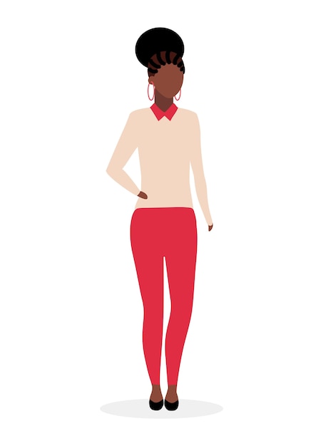 黒のエレガントな女性フラットイラスト 白い背景で隔離の恐怖の尾の髪型の漫画のキャラクターとアフリカ系アメリカ人のビジネスの女性 肌の色が濃い女の子 女子留学生 プレミアムベクター