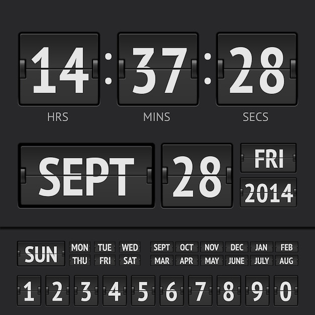 日付と時刻が記載されたブラックフリップスコアボードデジタルタイマー プレミアムベクター