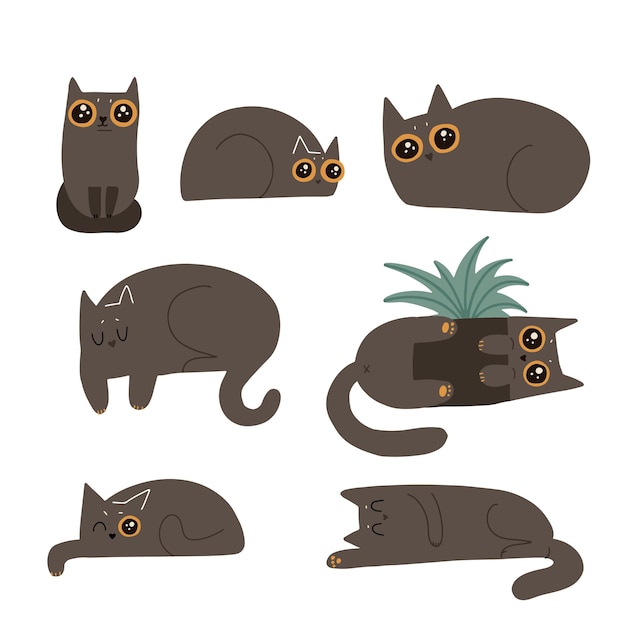 黒のふわふわ猫セット かわいい漫画面白い嘘つきキャラクター 大きな目でいたずらなフェリントキャラクター フラット手描きイラスト プレミアムベクター