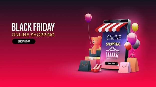 Black friday online shopping banner. online shopping on mobile phone and website .  banner Premium V
