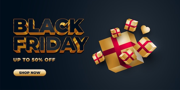 Premium Vector Black Friday Sale Banner Template With 3d Text And Gold Gift Box On Dark Background