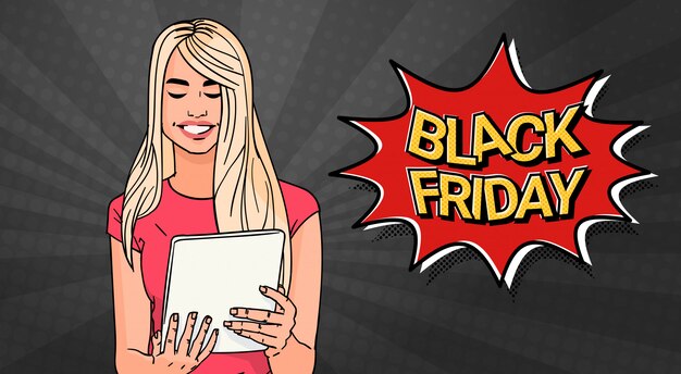 Black friday sale banner with girl using tablet computer Premium Vector